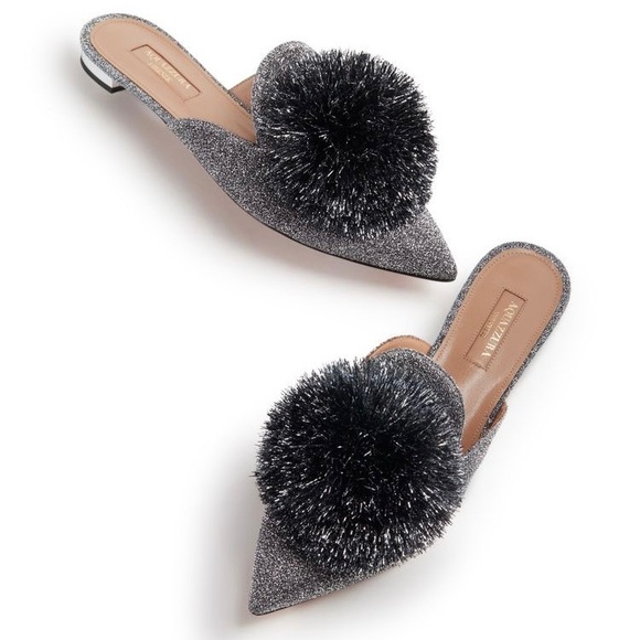 Aquazzura Shoes - Aquazzura Powder Puff Pompom metallic silver lurex flat mules slippers size 36